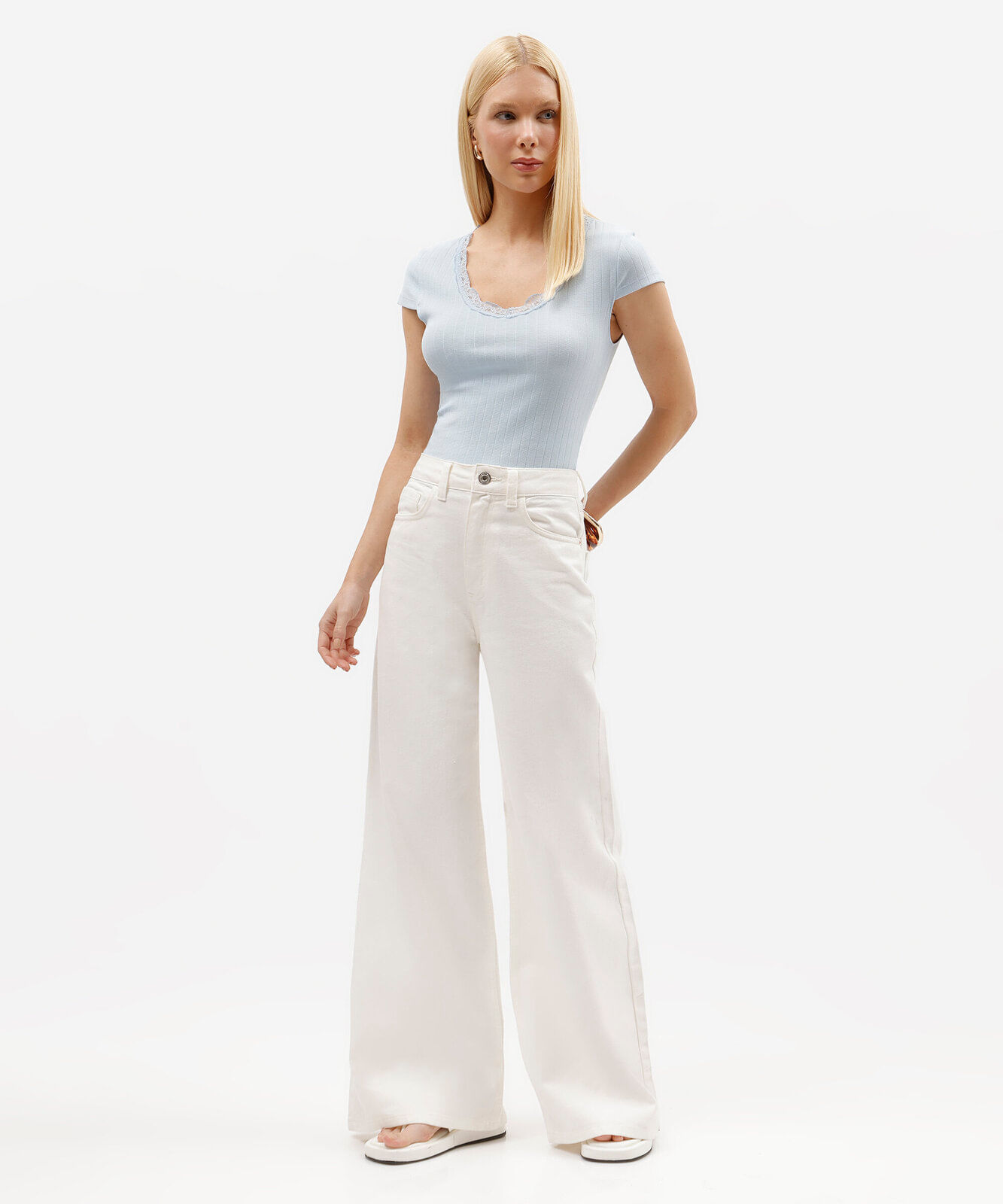 blusa baby look feminina de algodão com renda manga curta azul