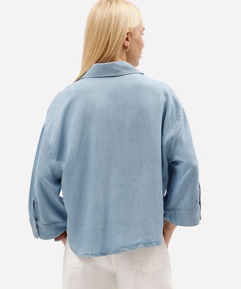 camisa feminina jeans manga ampla com bolsos azul