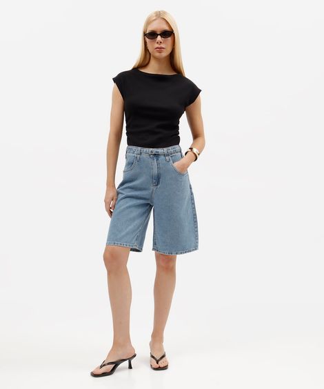 bermuda reta feminina jeans cintura média com cinto azul