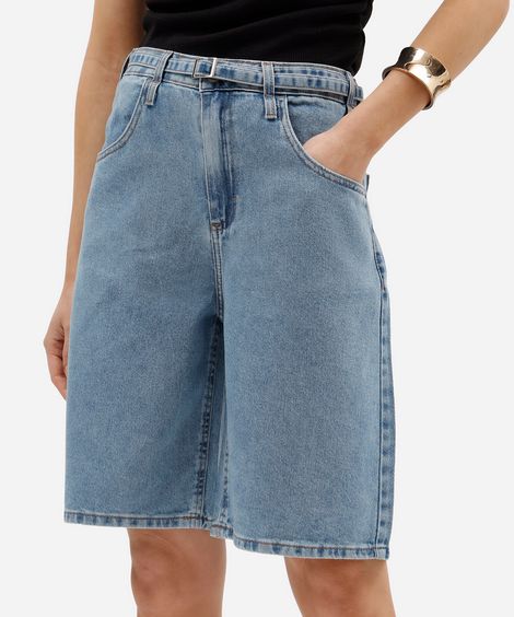bermuda reta feminina jeans cintura média com cinto azul