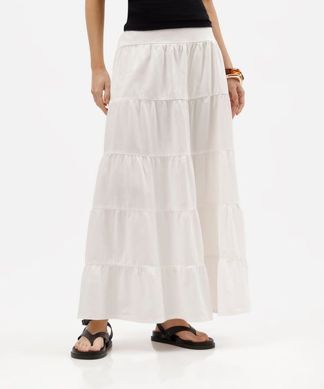 saia longa feminina evasê de sarja com recortes cós elástico off white