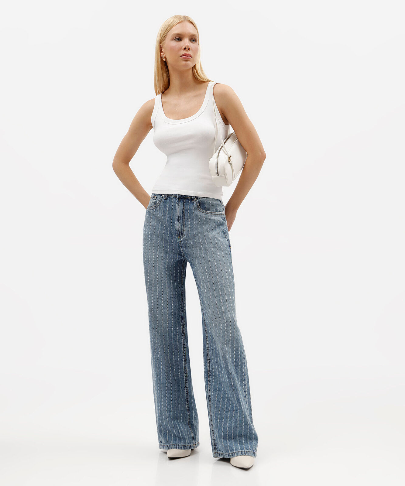 calça oversized feminina jeans cintura média listrada azul