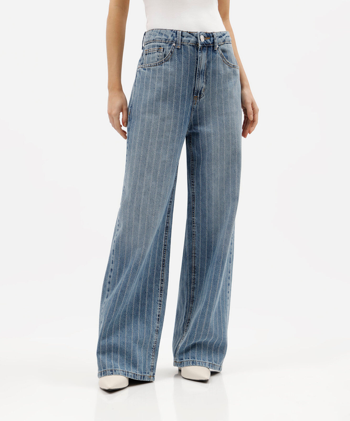 calça oversized feminina jeans cintura média listrada azul