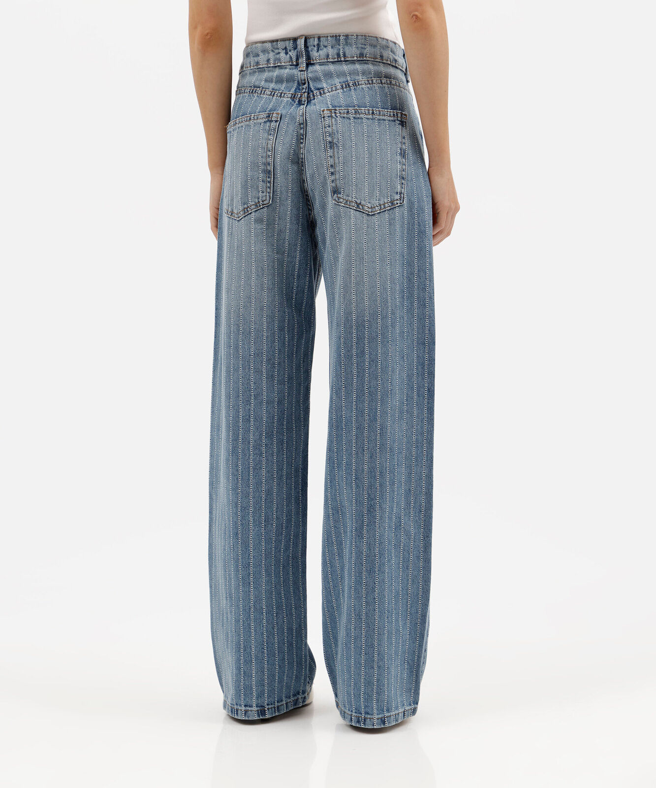 calça oversized feminina jeans cintura média listrada azul