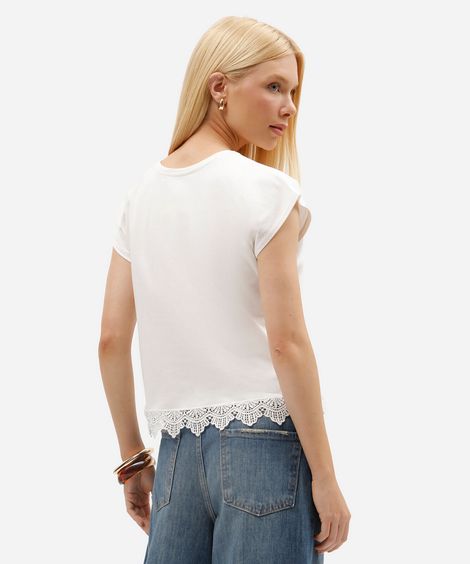 blusa feminina de algodão manga curta com renda off white