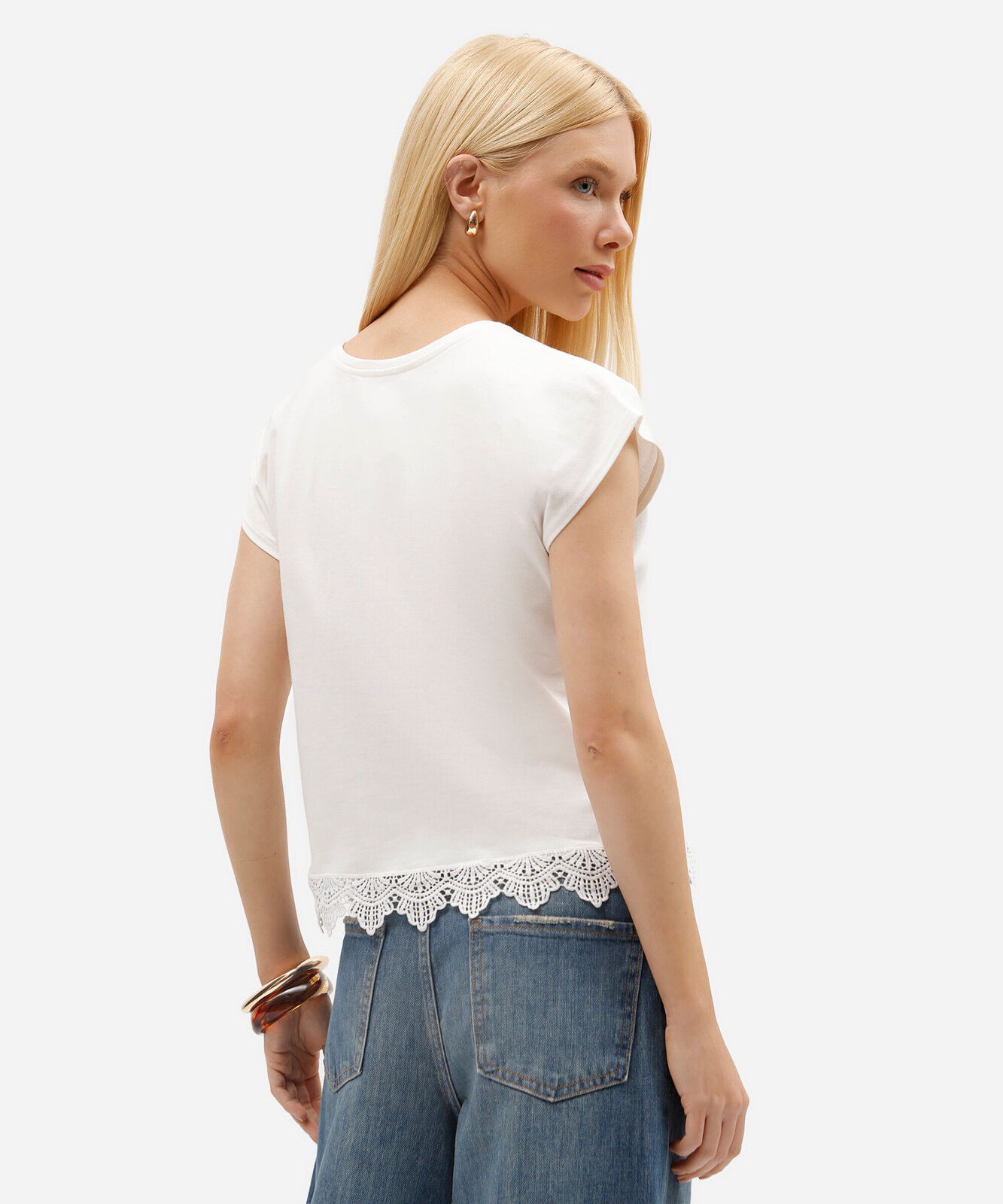 blusa feminina de algodão manga curta com renda off white