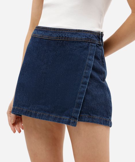 short saia feminino jeans cintura alta azul