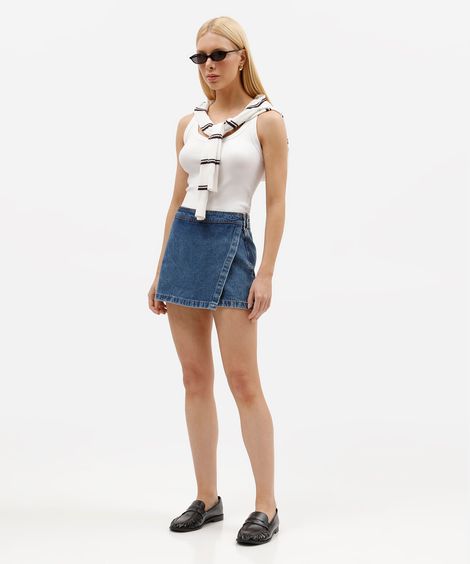 short saia feminino jeans cintura alta azul