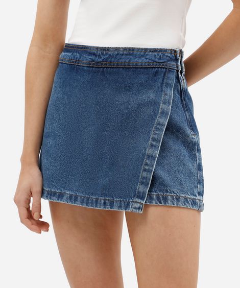 short saia feminino jeans cintura alta azul
