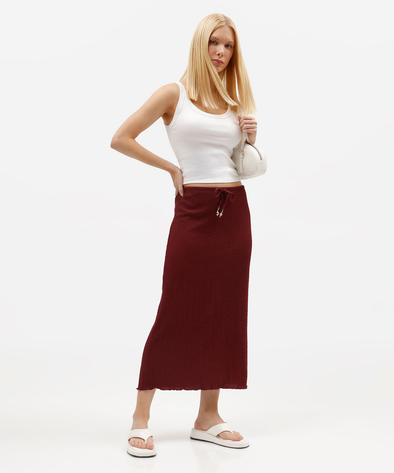 saia midi reta feminina com cordão texturizada vinho