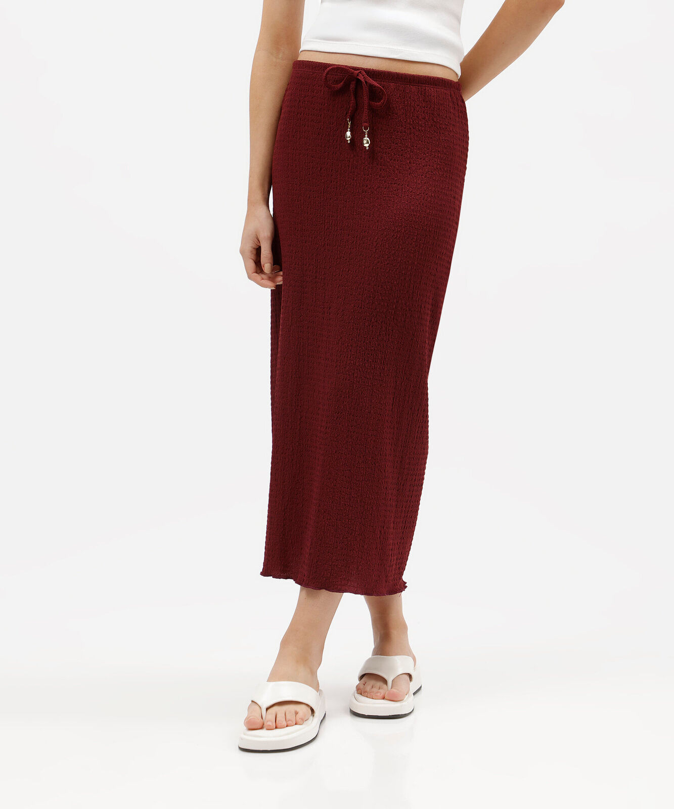 saia midi reta feminina com cordão texturizada vinho