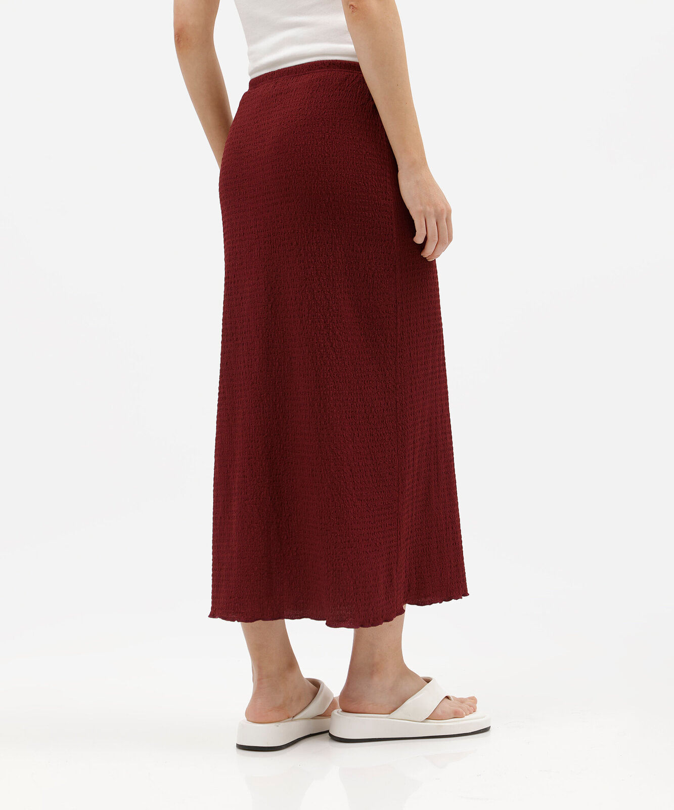 saia midi reta feminina com cordão texturizada vinho