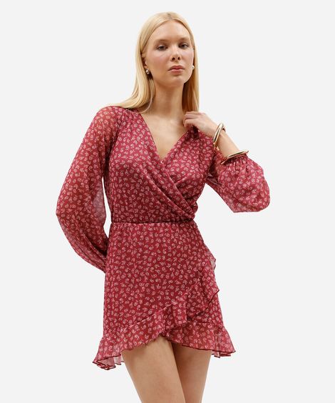 vestido curto feminino de tule decote v manga longa floral vinho