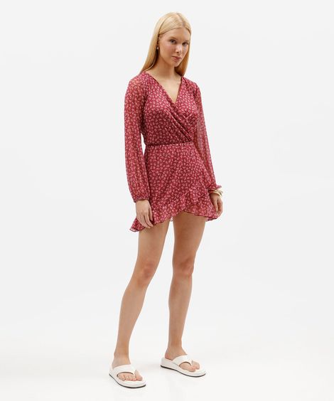 vestido curto feminino de tule decote v manga longa floral vinho