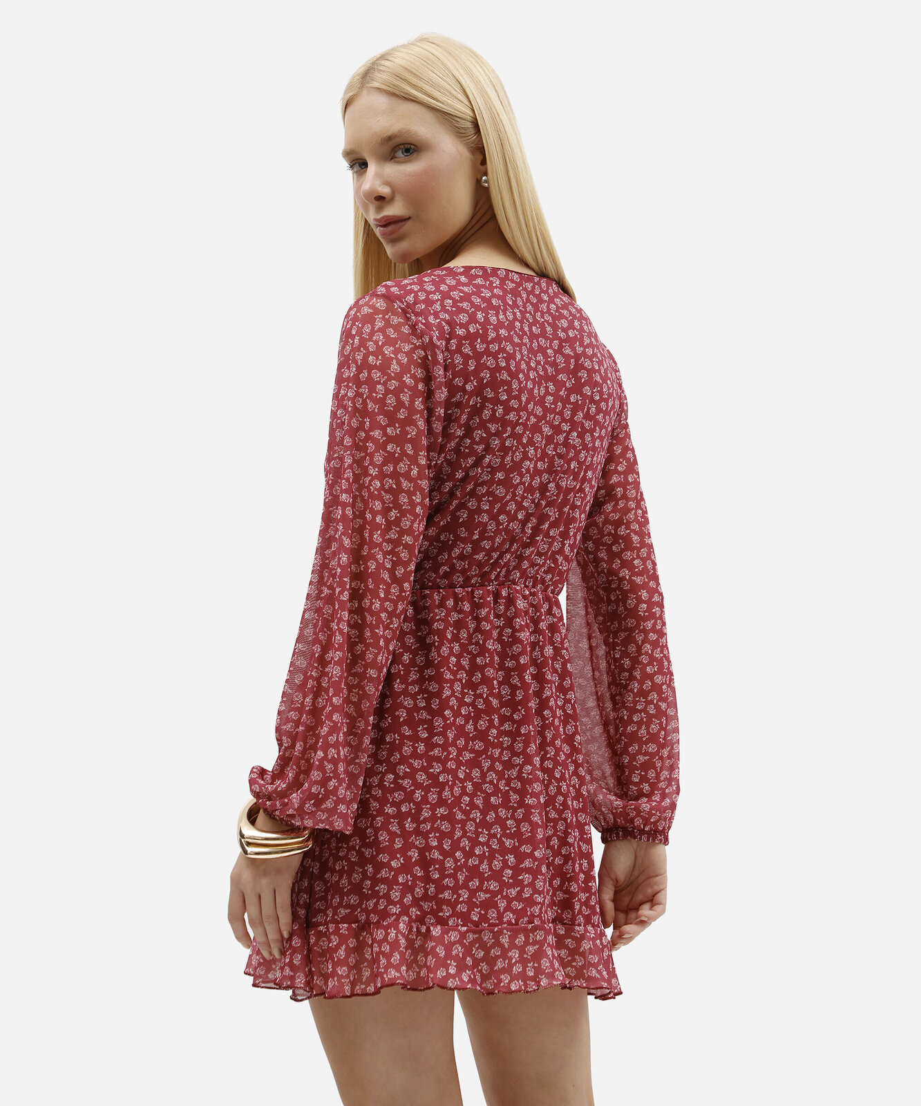vestido curto feminino de tule decote v manga longa floral vinho