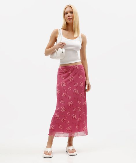 saia midi evasê feminina de tule floral rosa