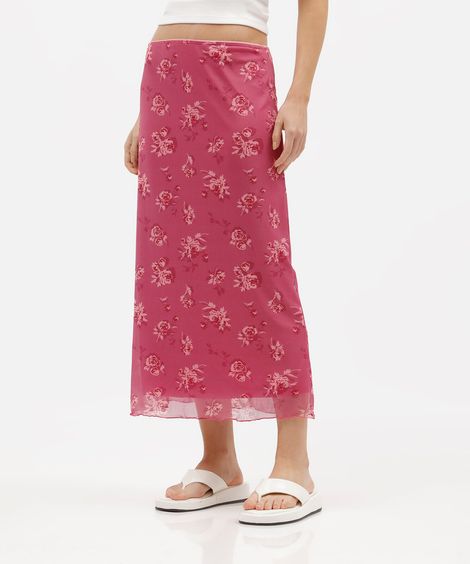 saia midi evasê feminina de tule floral rosa