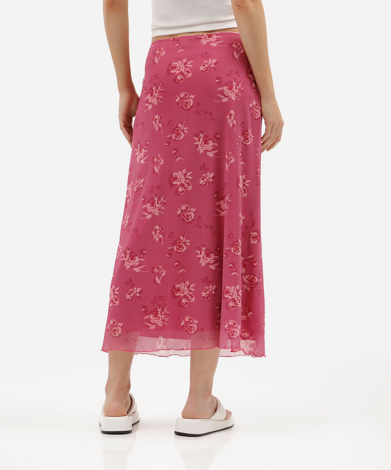 saia midi evasê feminina de tule floral rosa
