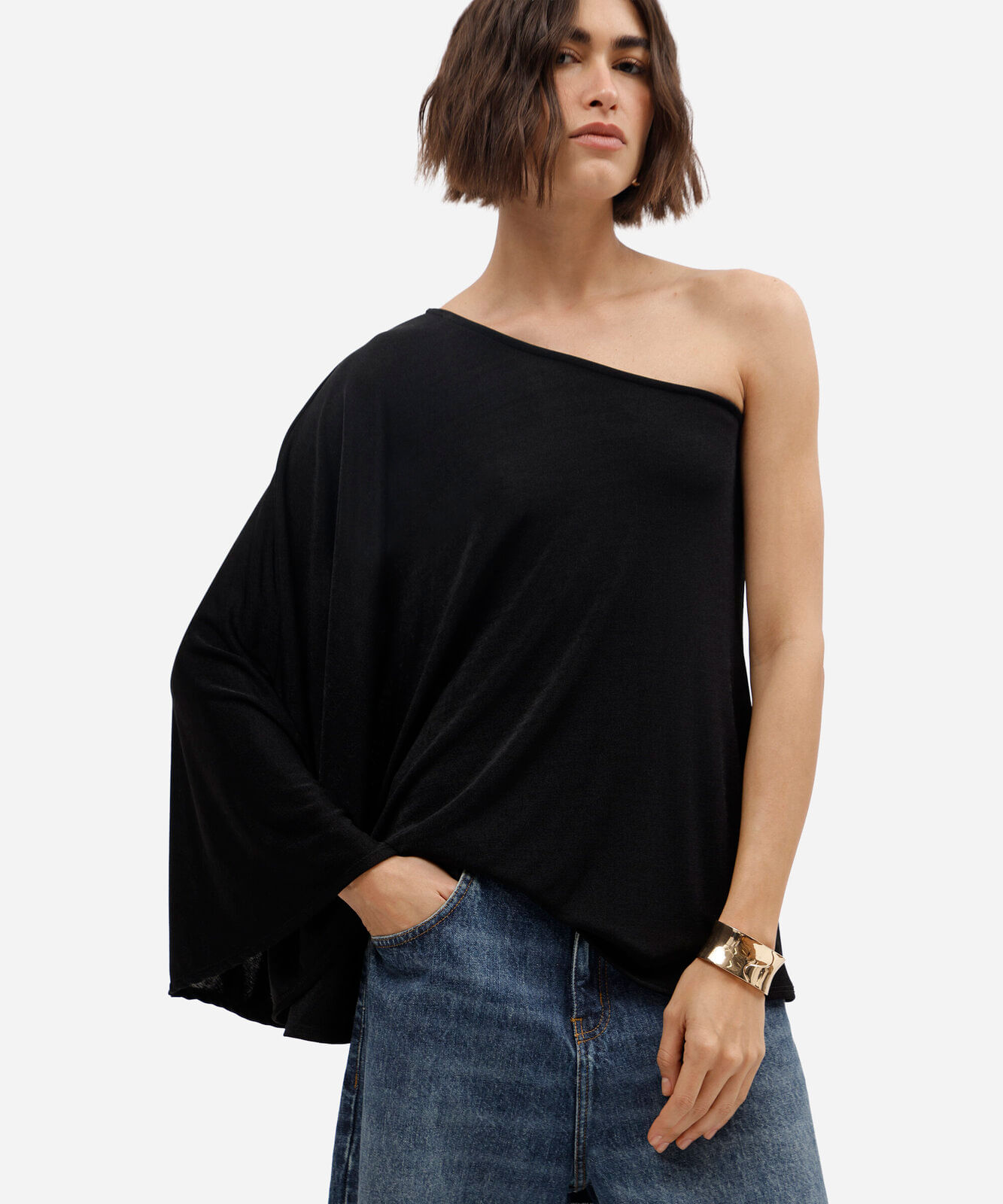 blusa ombro único feminina manga longa morcego preta