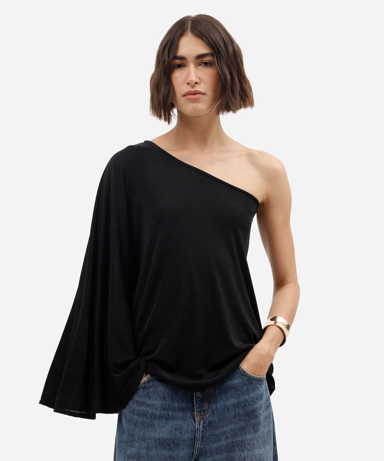 blusa ombro único feminina manga longa morcego preta