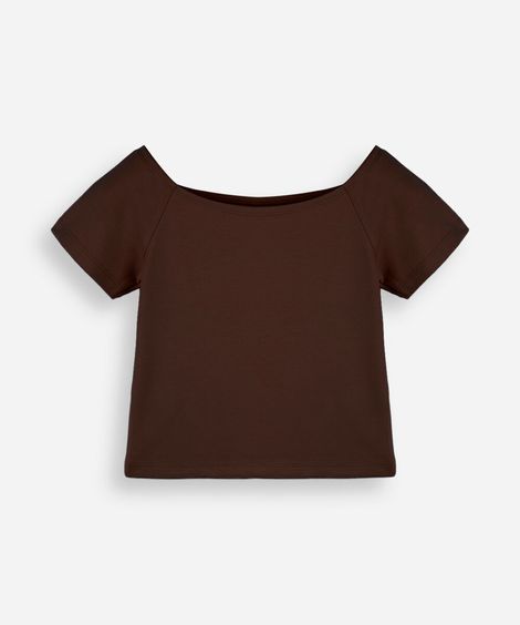 blusa cropped juvenil ombro a ombro de malha marrom