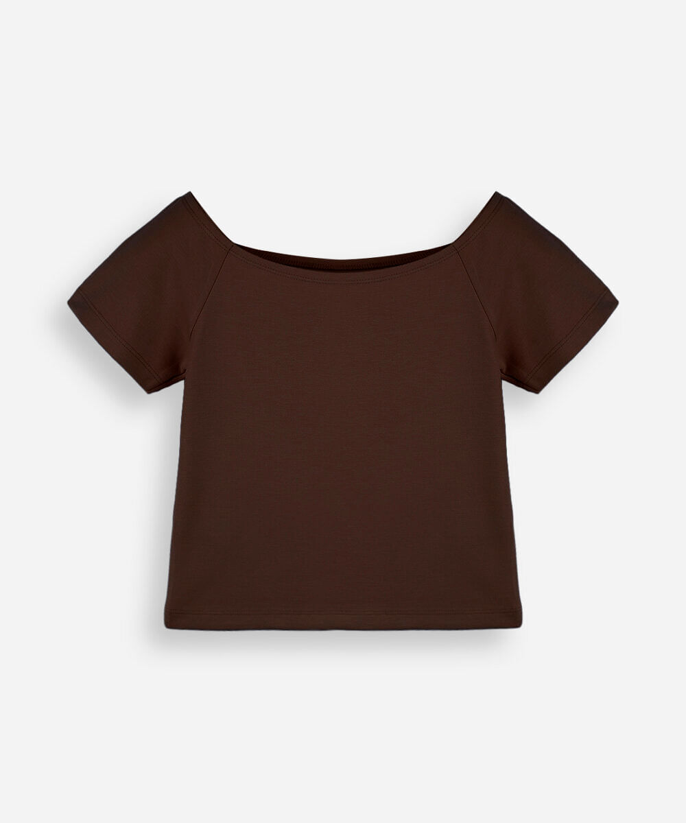 blusa cropped juvenil ombro a ombro de malha marrom