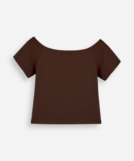 blusa cropped juvenil ombro a ombro de malha marrom