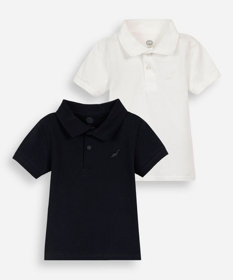 kit de 2 camisetas infantis polos com bordado de dinossauro colorido