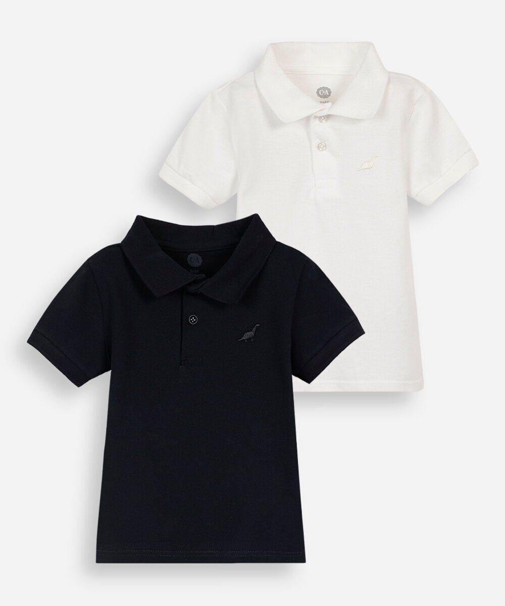 kit de 2 camisetas infantis polos com bordado de dinossauro colorido