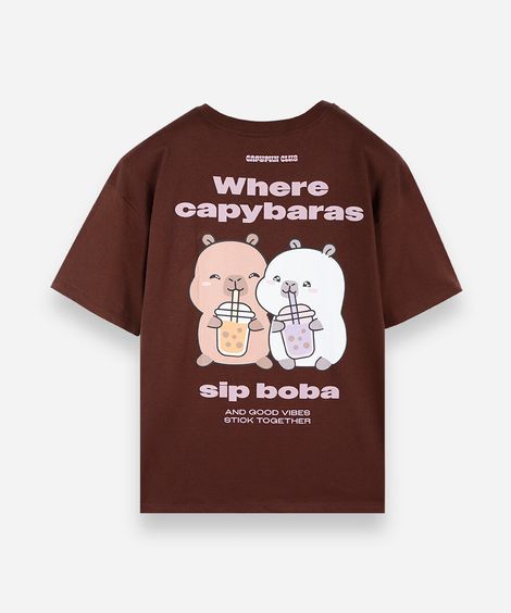 camiseta juvenil manga curta oversized capivara marrom
