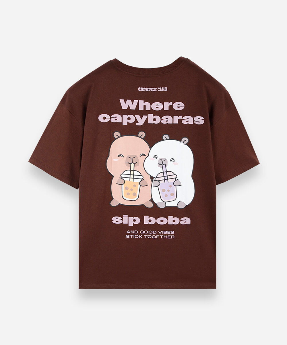 camiseta juvenil manga curta oversized capivara marrom