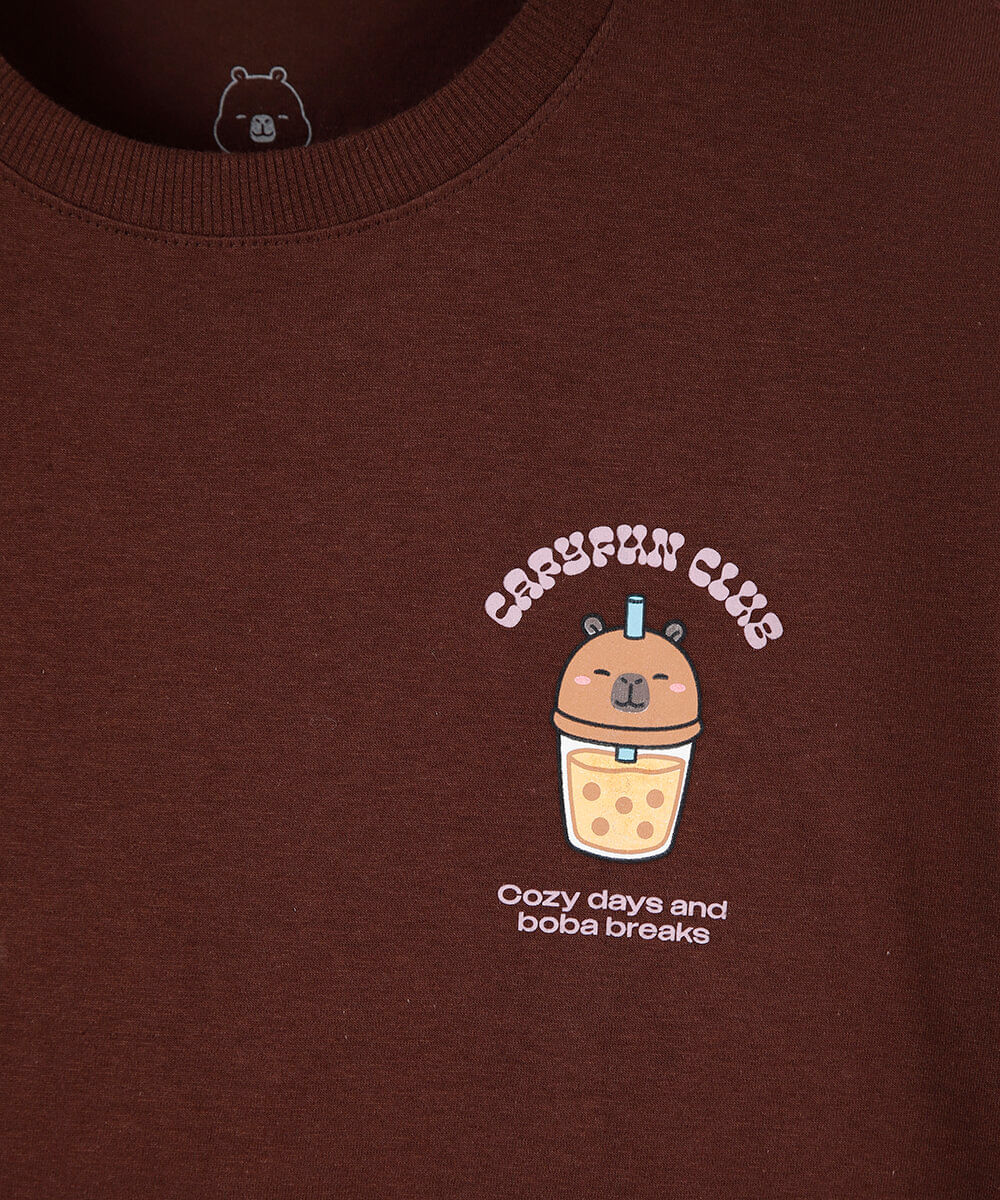 camiseta juvenil manga curta oversized capivara marrom