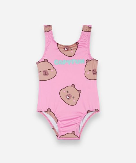 maiô infantil com estampa de capivara capyfun e proteção uv rosa