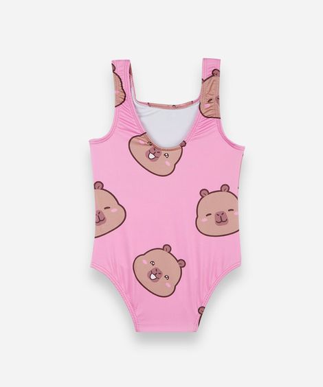 maiô infantil com estampa de capivara capyfun e proteção uv rosa