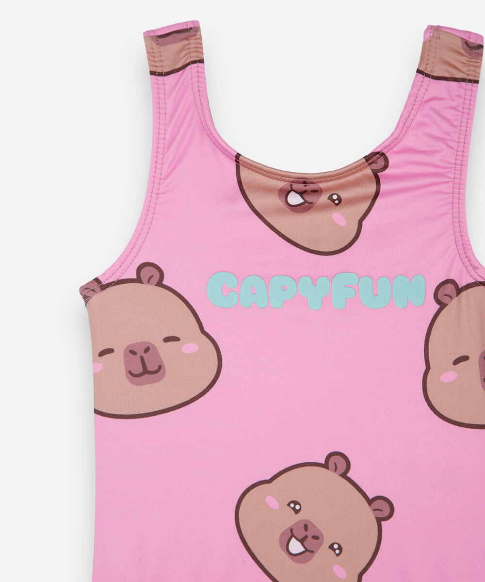 maiô infantil com estampa de capivara capyfun e proteção uv rosa
