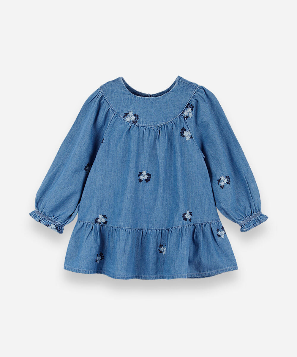 vestido infantil jeans manga longa com babado bordado floral azul