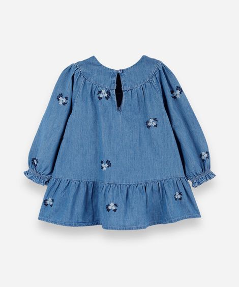 vestido infantil jeans manga longa com babado bordado floral azul