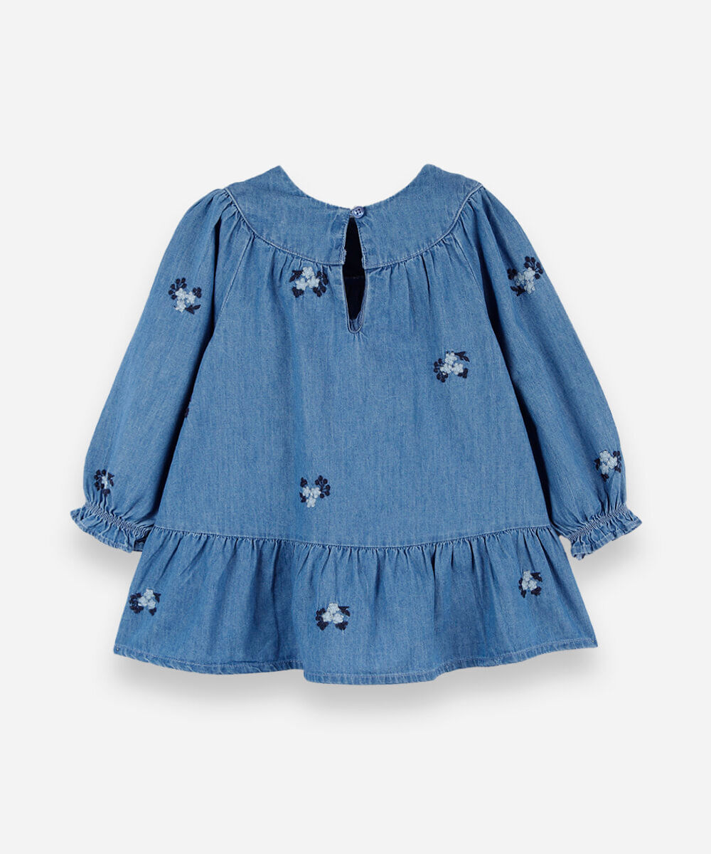 vestido infantil jeans manga longa com babado bordado floral azul