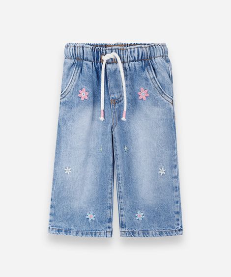 calça infantil jeans com bordado florzinha azul
