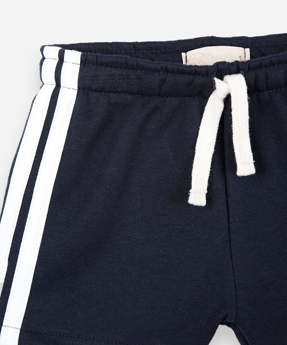 short infantil de moletom com listra lateral azul