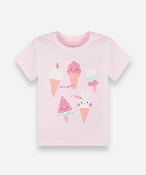 camiseta infantil de algodão manga curta com estampa de sorvetinhos rosa