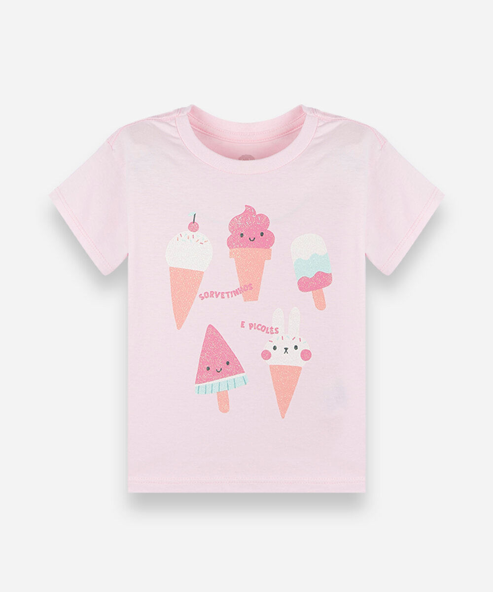 camiseta infantil de algodão manga curta com estampa de sorvetinhos rosa
