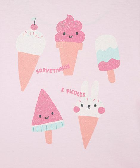 camiseta infantil de algodão manga curta com estampa de sorvetinhos rosa