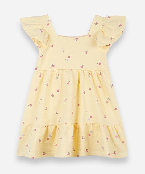 vestido infantil de algodão com recortes texturizado floral amarelo