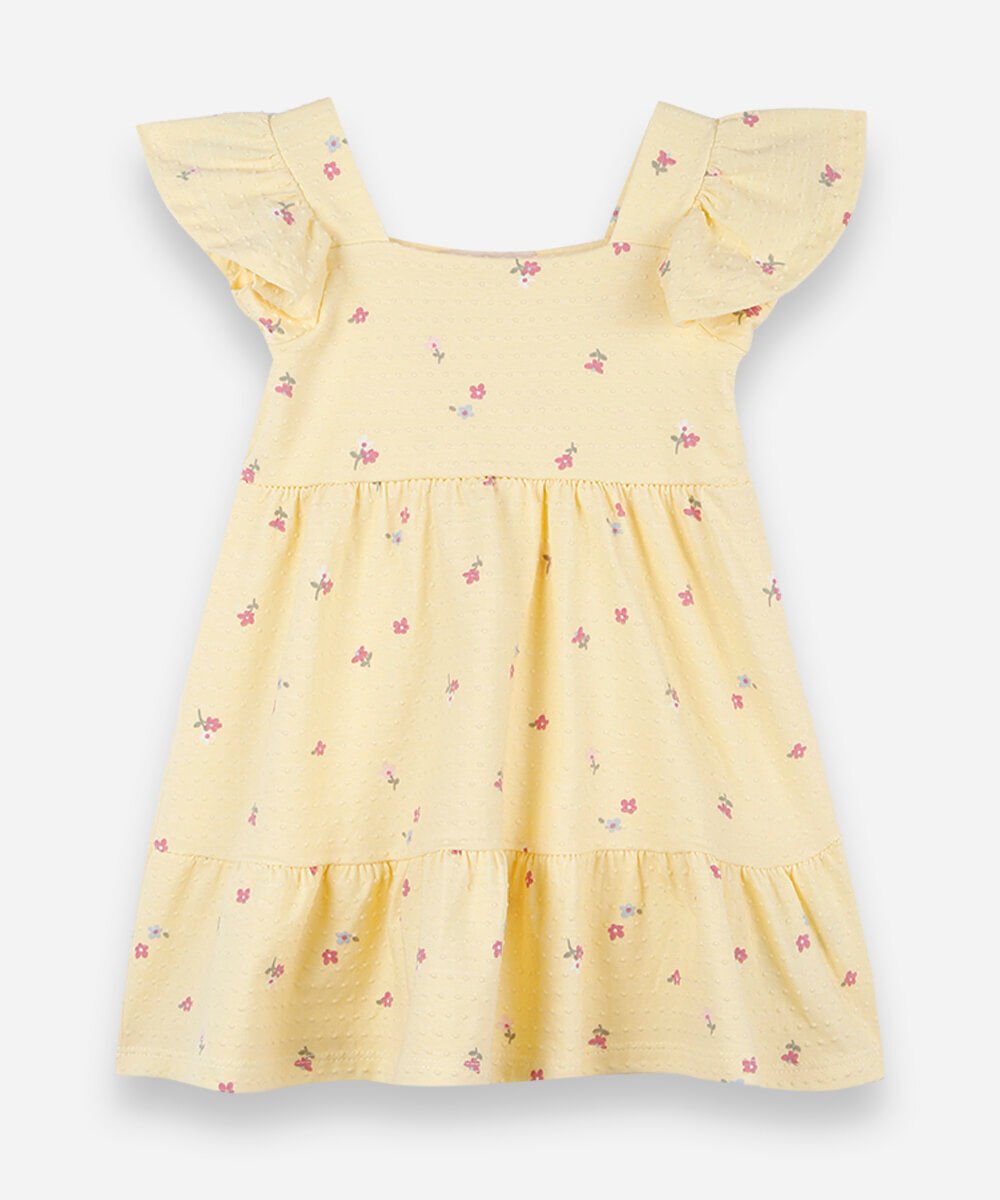 vestido infantil de algodão com recortes texturizado floral amarelo