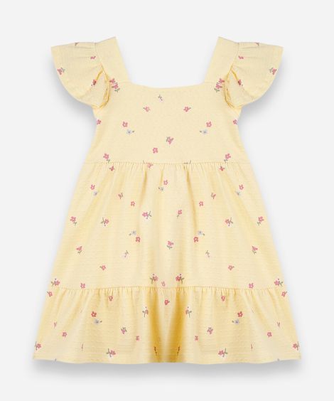 vestido infantil de algodão com recortes texturizado floral amarelo