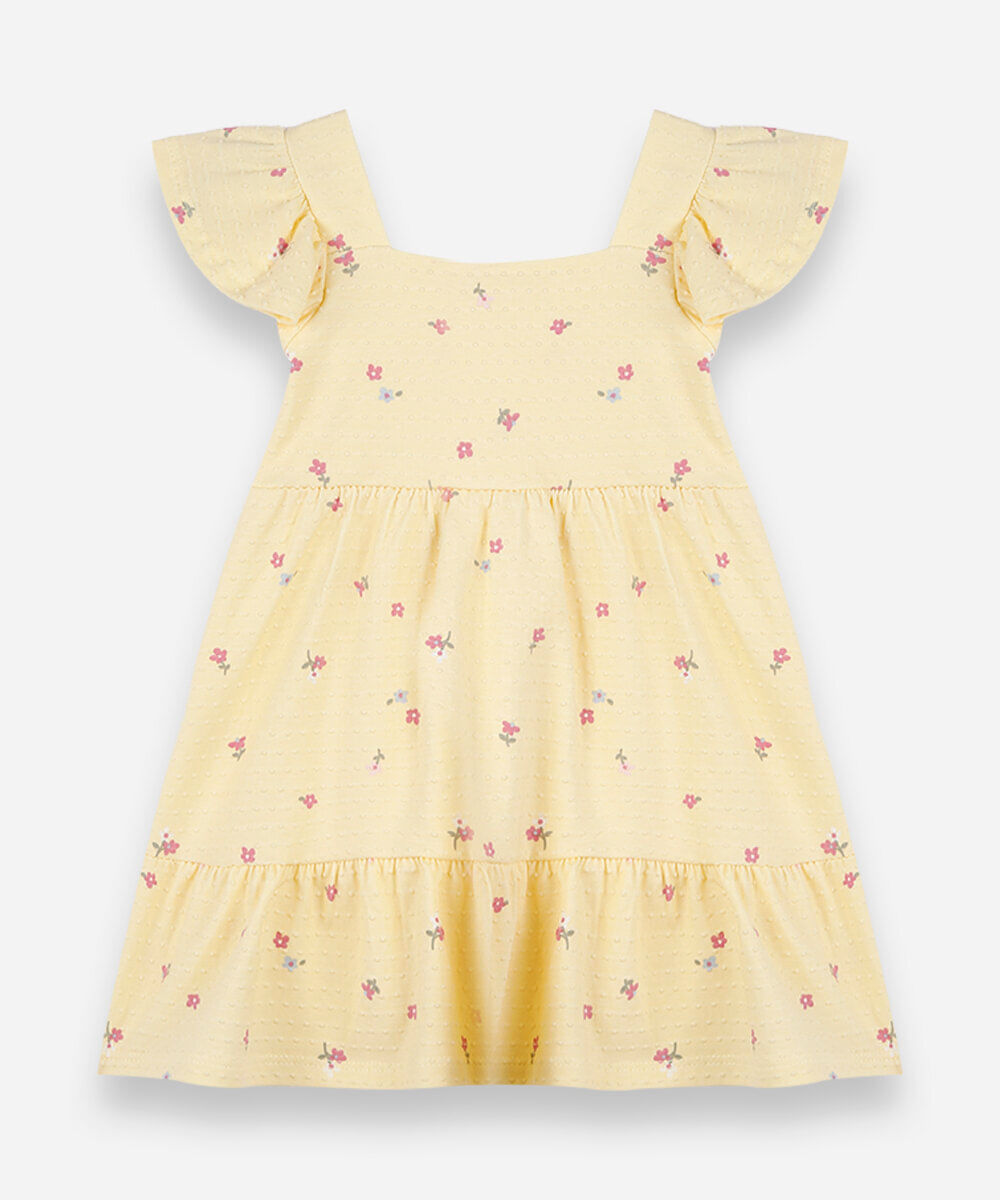 vestido infantil de algodão com recortes texturizado floral amarelo
