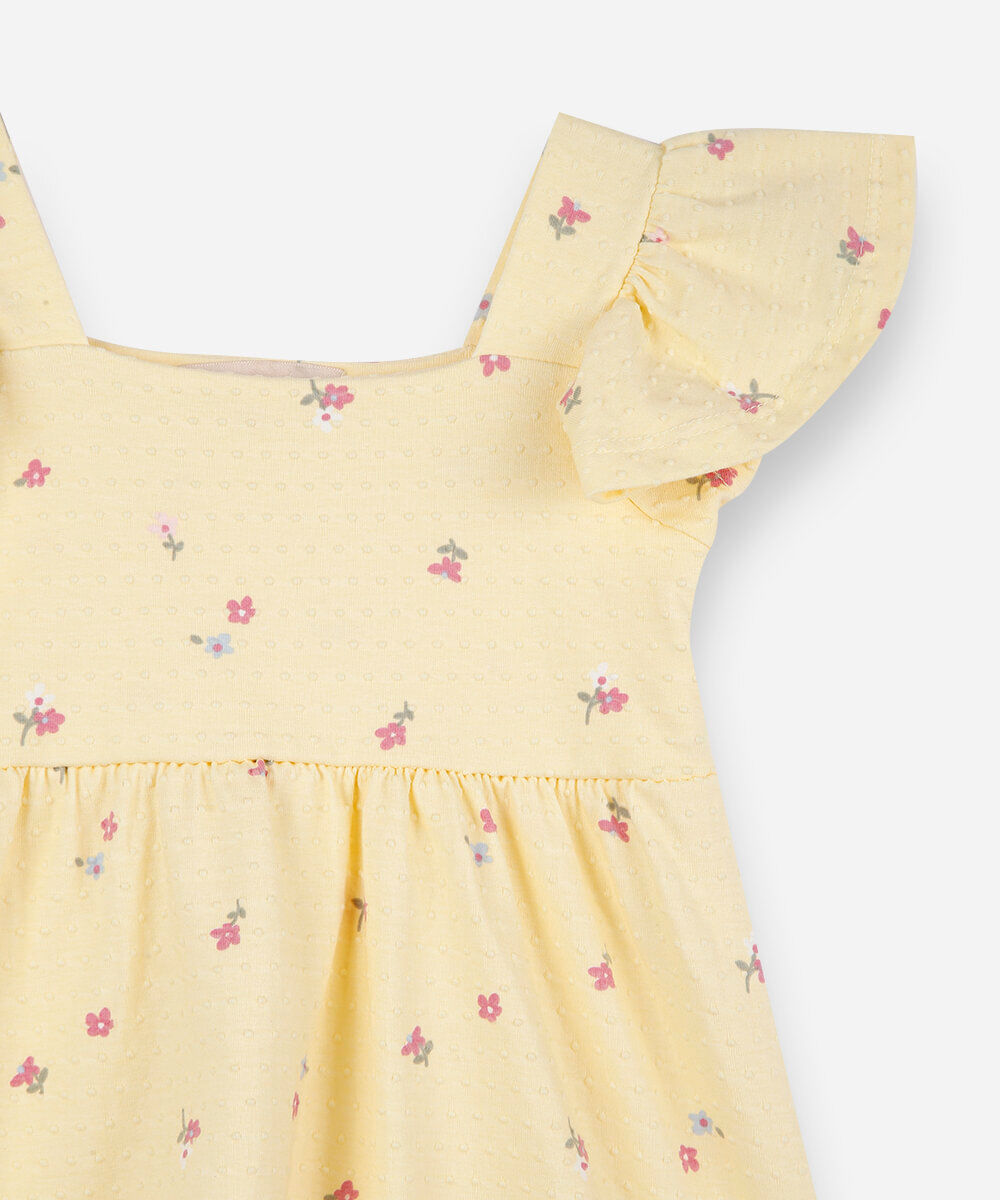 vestido infantil de algodão com recortes texturizado floral amarelo