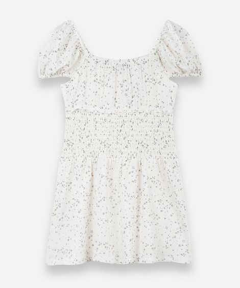 vestido juvenil com lastex e manga curta com estampa floral off white