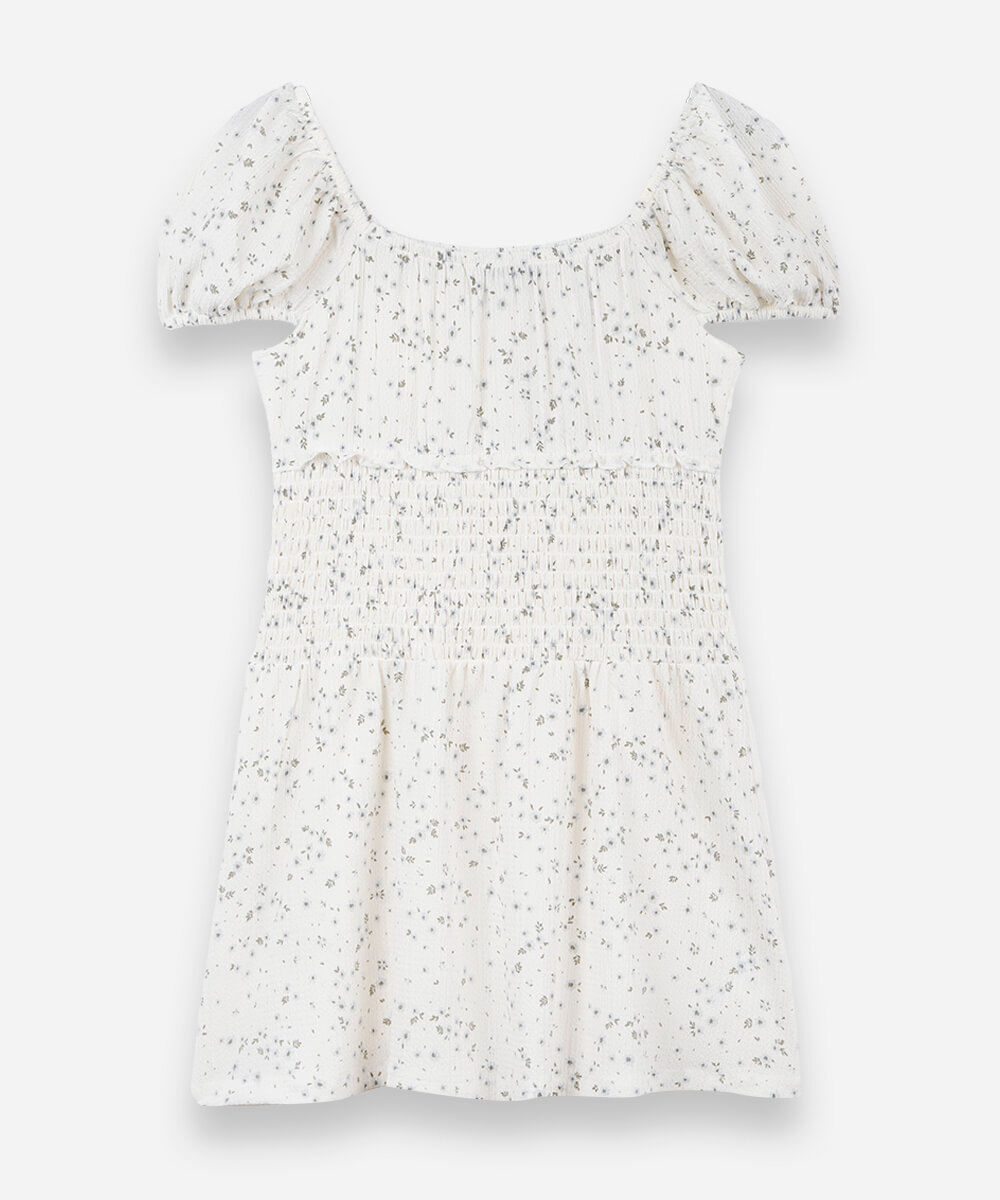 vestido juvenil com lastex e manga curta com estampa floral off white